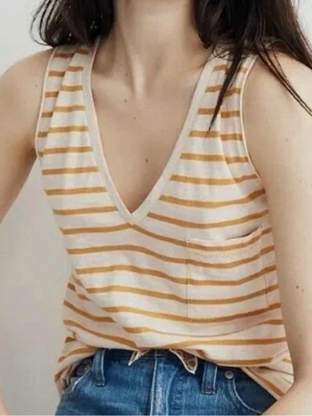 Made-well V-Neck Tank top shirt Cream & mustard yellow striped pocket size XS